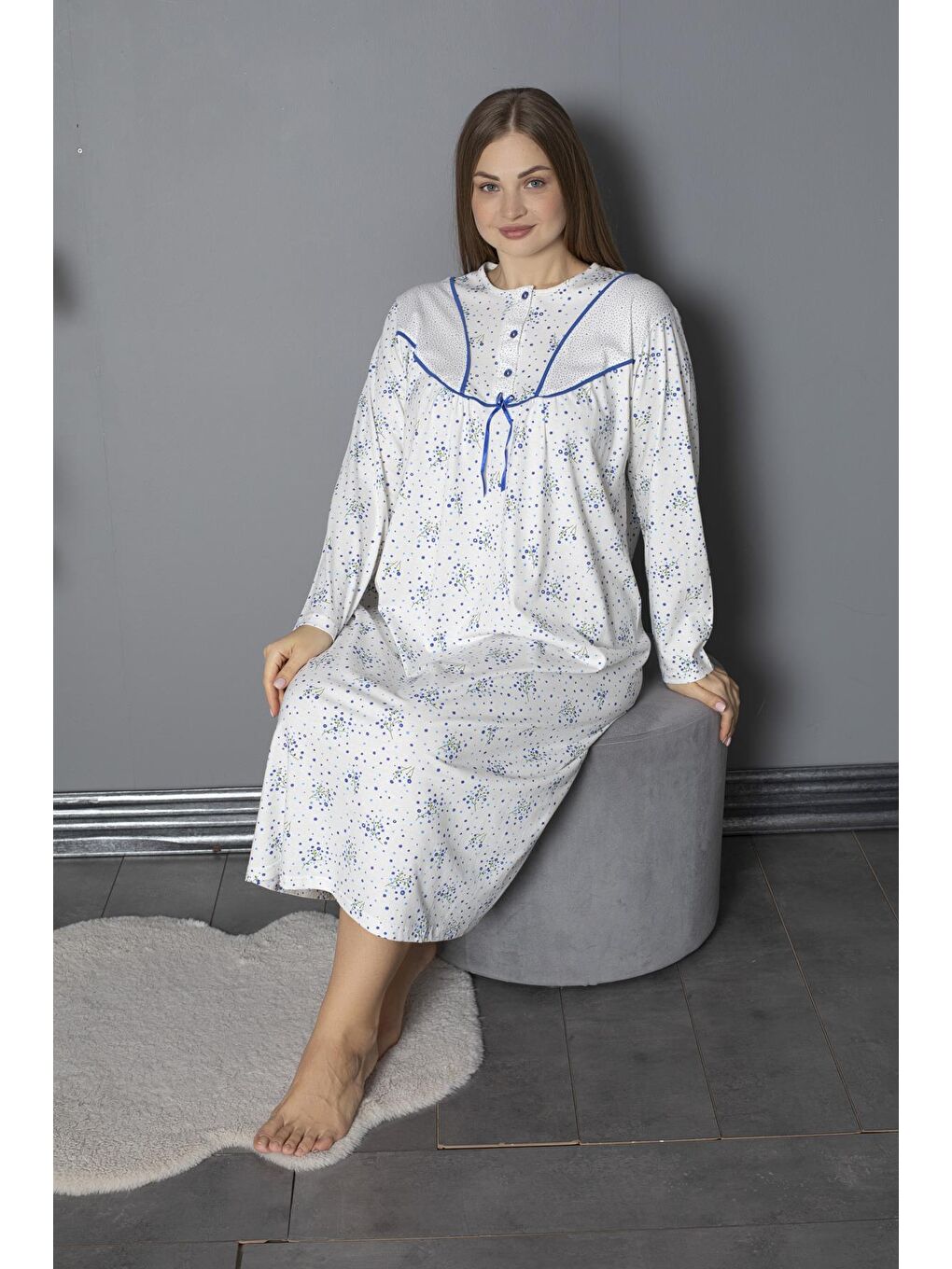 Mavi %100 Pamuklu Mevsimlik Penye Uzun Kollu Büyük Beden Anne Geceliği 580-4