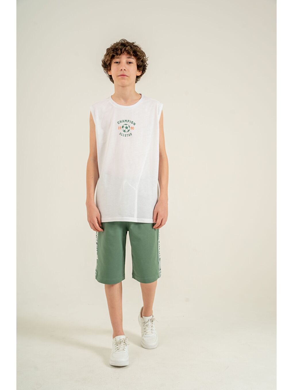 Yeşil Champion Allstar 1990 Baskılı Üst Atlet Alt Sağ Sol  Baskılı Erkek Çocuk Şort - Atlet Takımı