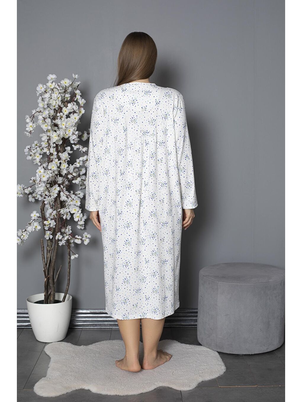 Mavi %100 Pamuklu Mevsimlik Penye Uzun Kollu Büyük Beden Anne Geceliği 580-5