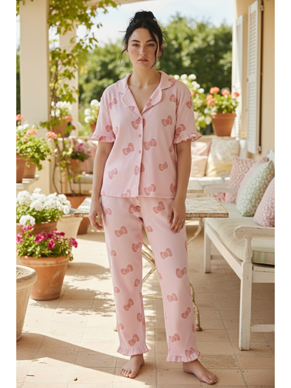 Pembe Fiyonk Desenli Bürümcük-krınkıl Büyük Beden Düğmeli Pijama Takım26120826-1