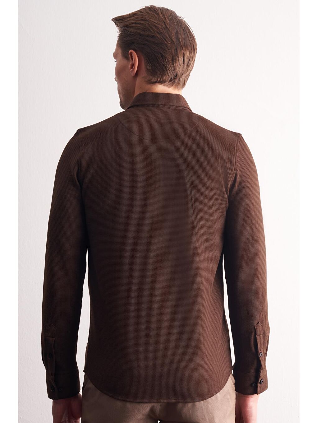 Kahverengi Uzun Kol Düğmeli Yaka  Pamuklu Slim Fit Gömlek 1004255267-4