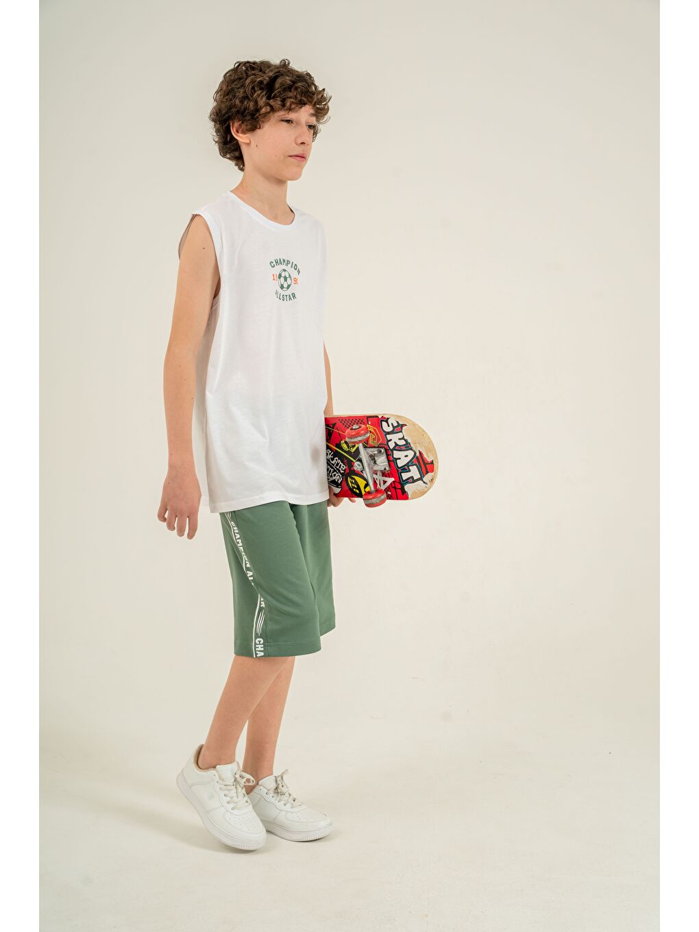 Yeşil Champion Allstar 1990 Baskılı Üst Atlet Alt Sağ Sol  Baskılı Erkek Çocuk Şort - Atlet Takımı-3