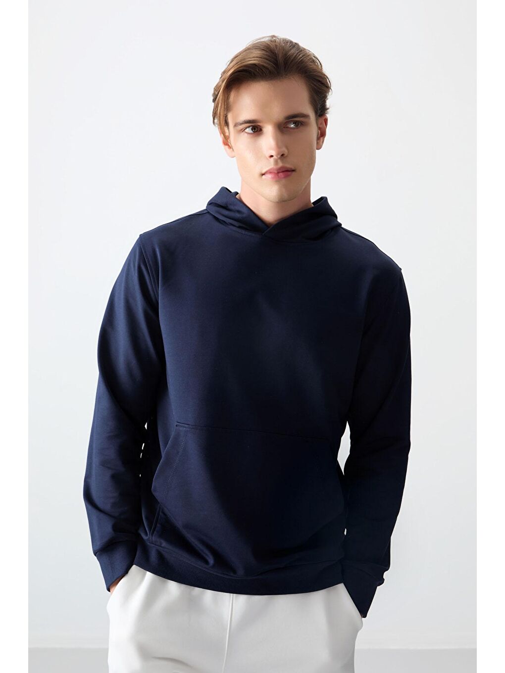 AIR JONES İndigo Pamuk Dokulu Kapüşonlu Standart Fit Basic Erkek Sweatshirt