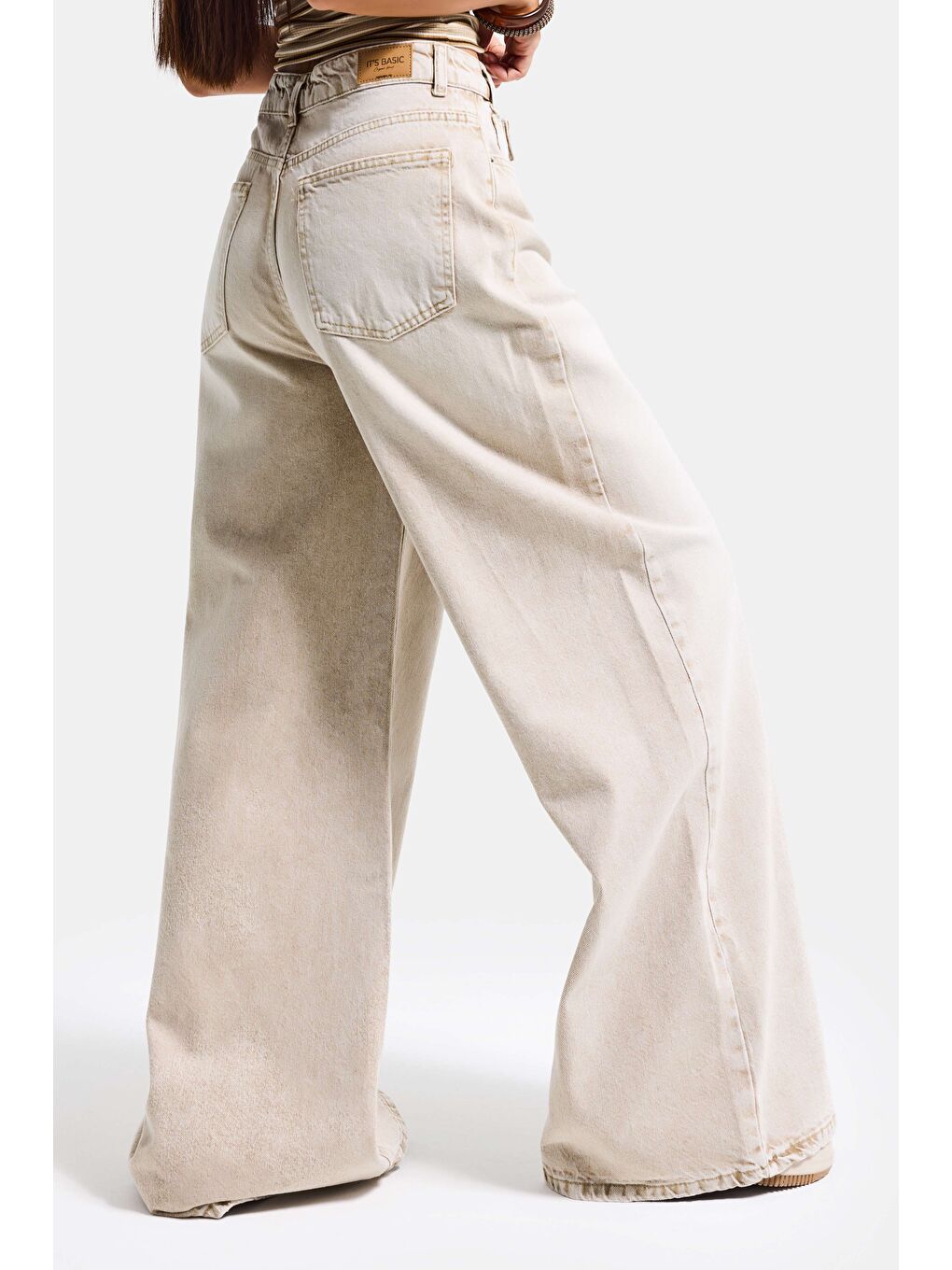 Bej Kadın Taş Renk 4s6-76 Mega Baggy Fit Kemer Detaylı Bol Kesim Denim Jean-2