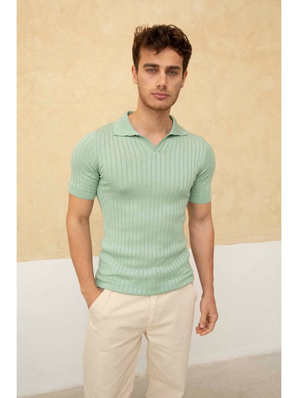 Turkuaz Erkek Fitilli Polo Yaka Triko Tişört-1