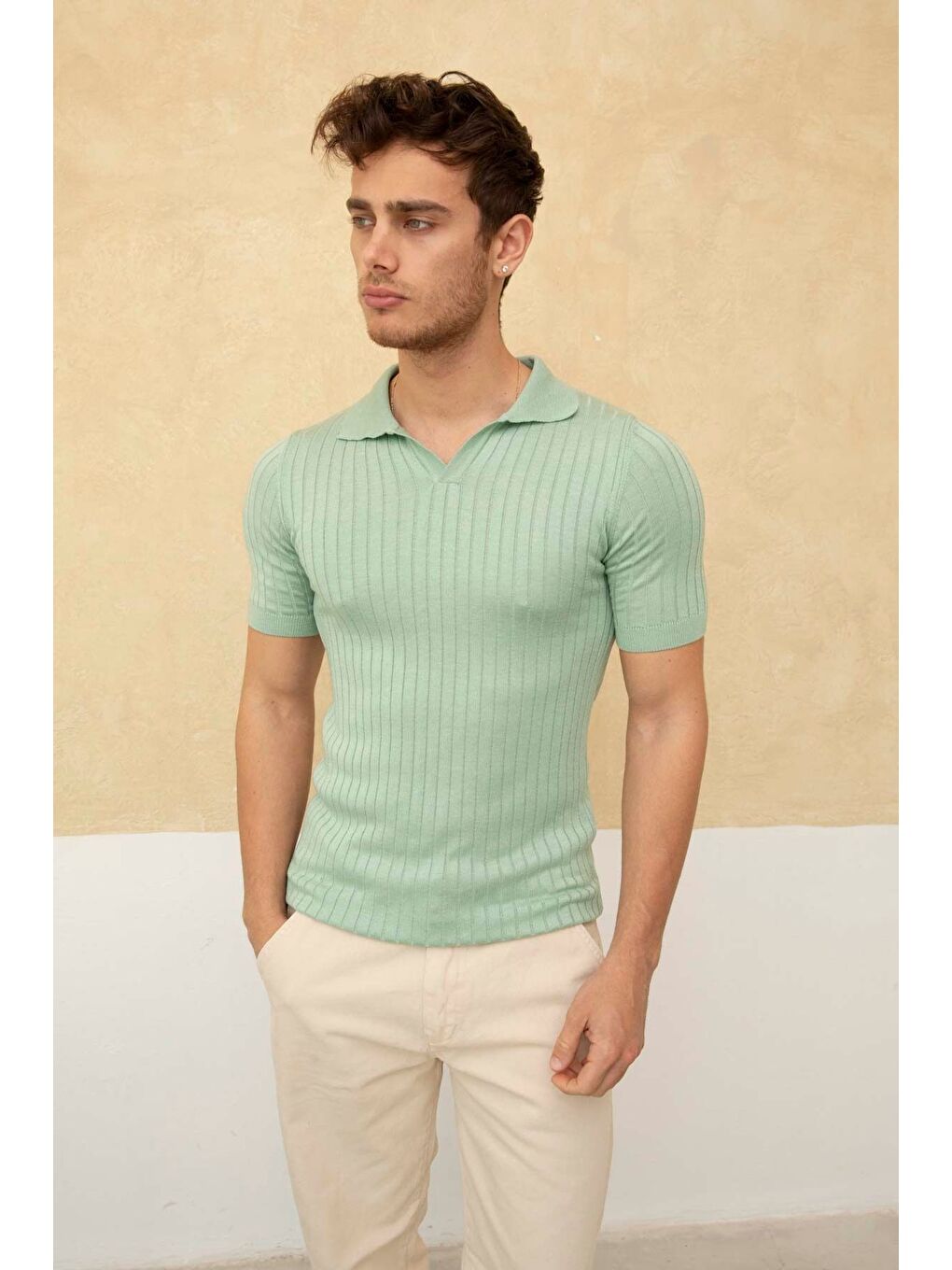 Turkuaz Erkek Fitilli Polo Yaka Triko Tişört-2