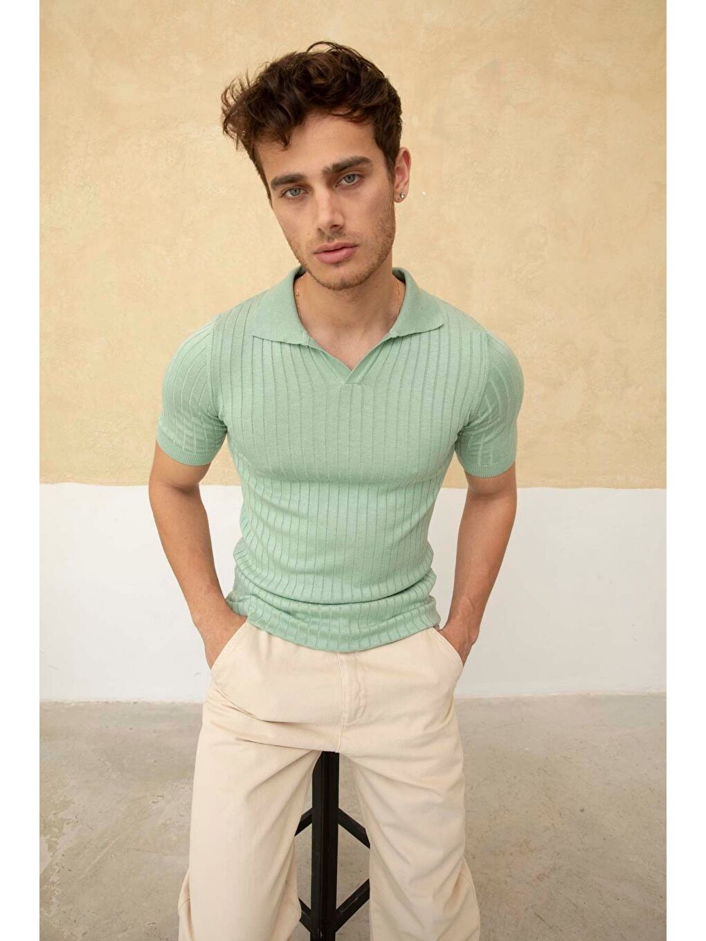 Turkuaz Erkek Fitilli Polo Yaka Triko Tişört-3
