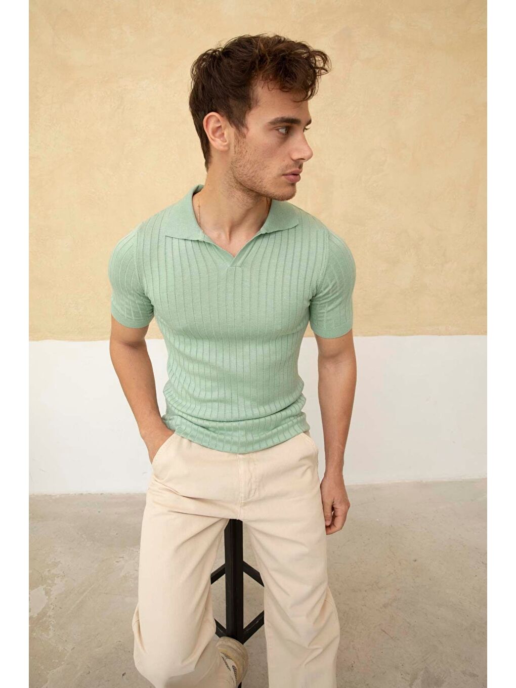 Turkuaz Erkek Fitilli Polo Yaka Triko Tişört-4
