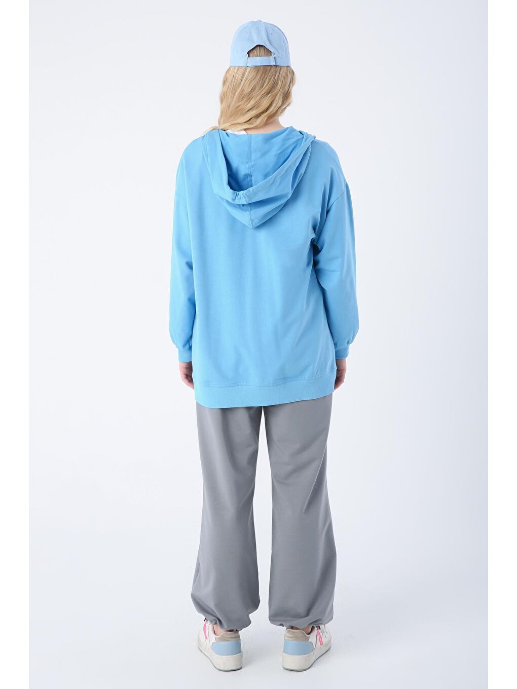 Mavi Pamuklu Oversize Kapüşonlu Sweat Hırka-3