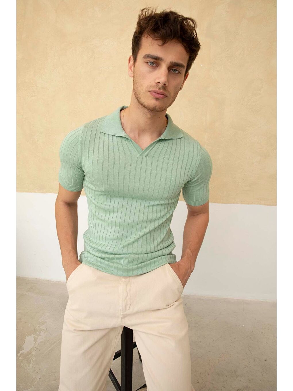 Turkuaz Erkek Fitilli Polo Yaka Triko Tişört-5