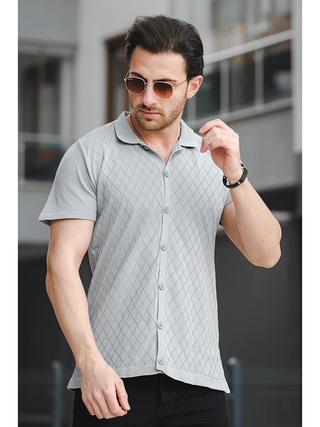 Gri Ht 340015 Polo Yaka Desenli Slim Fit Kısa Kol Triko Erkek Gömlek-1