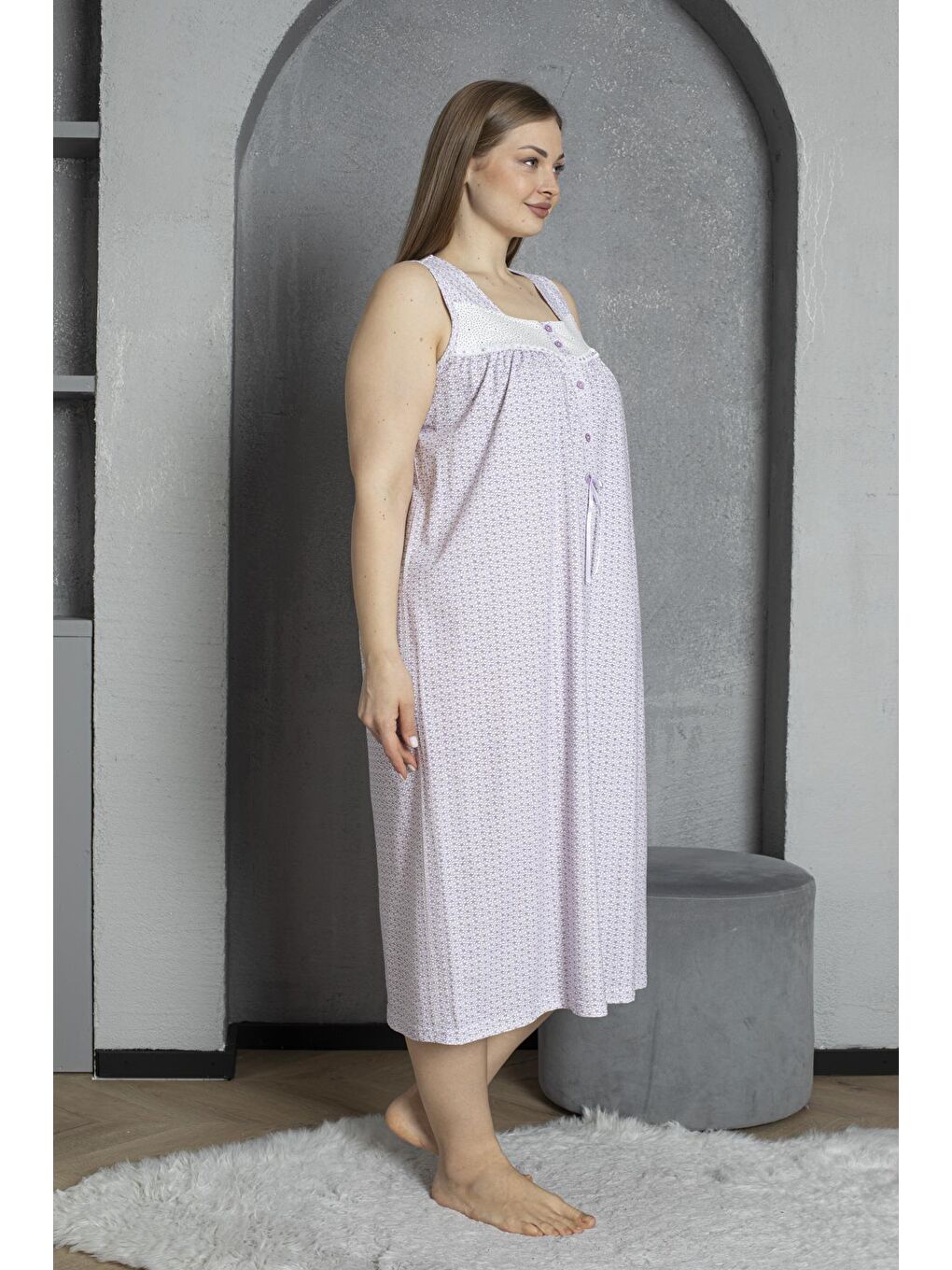 Lila Düğmeli Yaka Sıfır Kol %100 Pamuklu Penye Büyük Beden Anne Geceliği 526-2