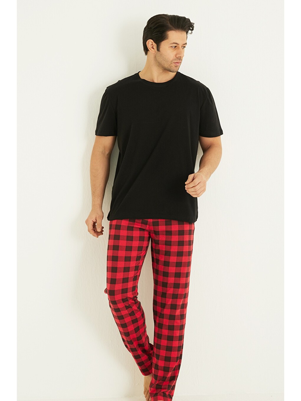 Siyah Pamuklu Bisiklet Yaka Kısa Kollu Örme Pijama Takım-1