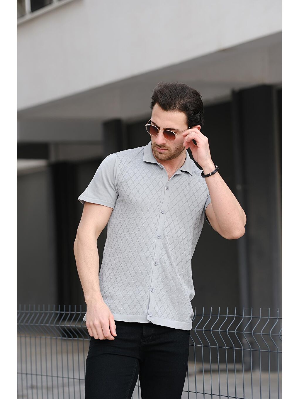 Gri Ht 340015 Polo Yaka Desenli Slim Fit Kısa Kol Triko Erkek Gömlek-2