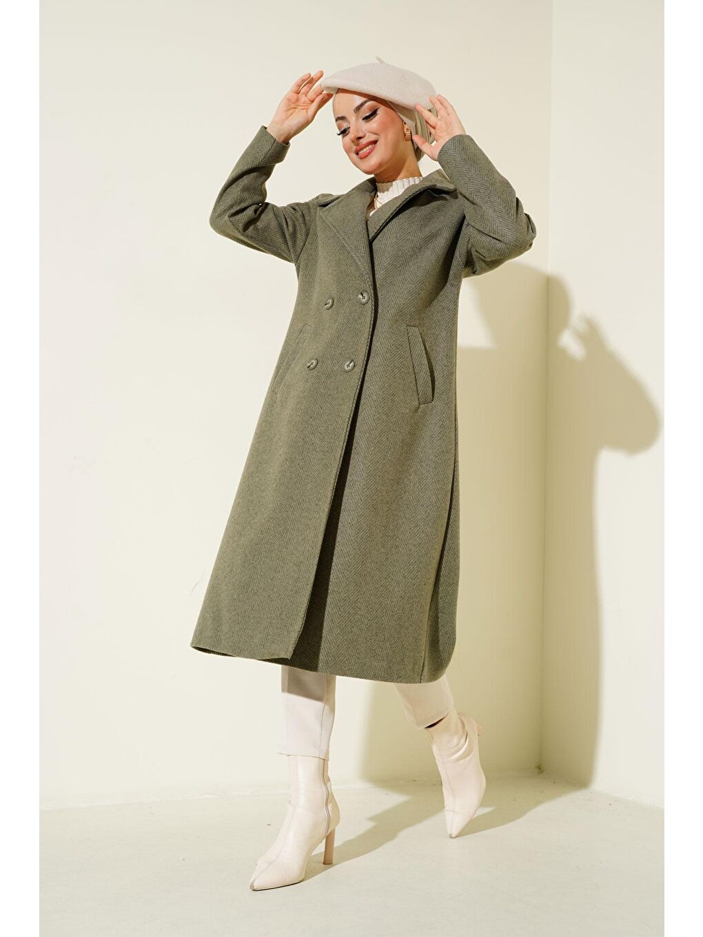 Haki Oversize Geniş Kesim Yünlü Uzun Kaşe Kaban 9113