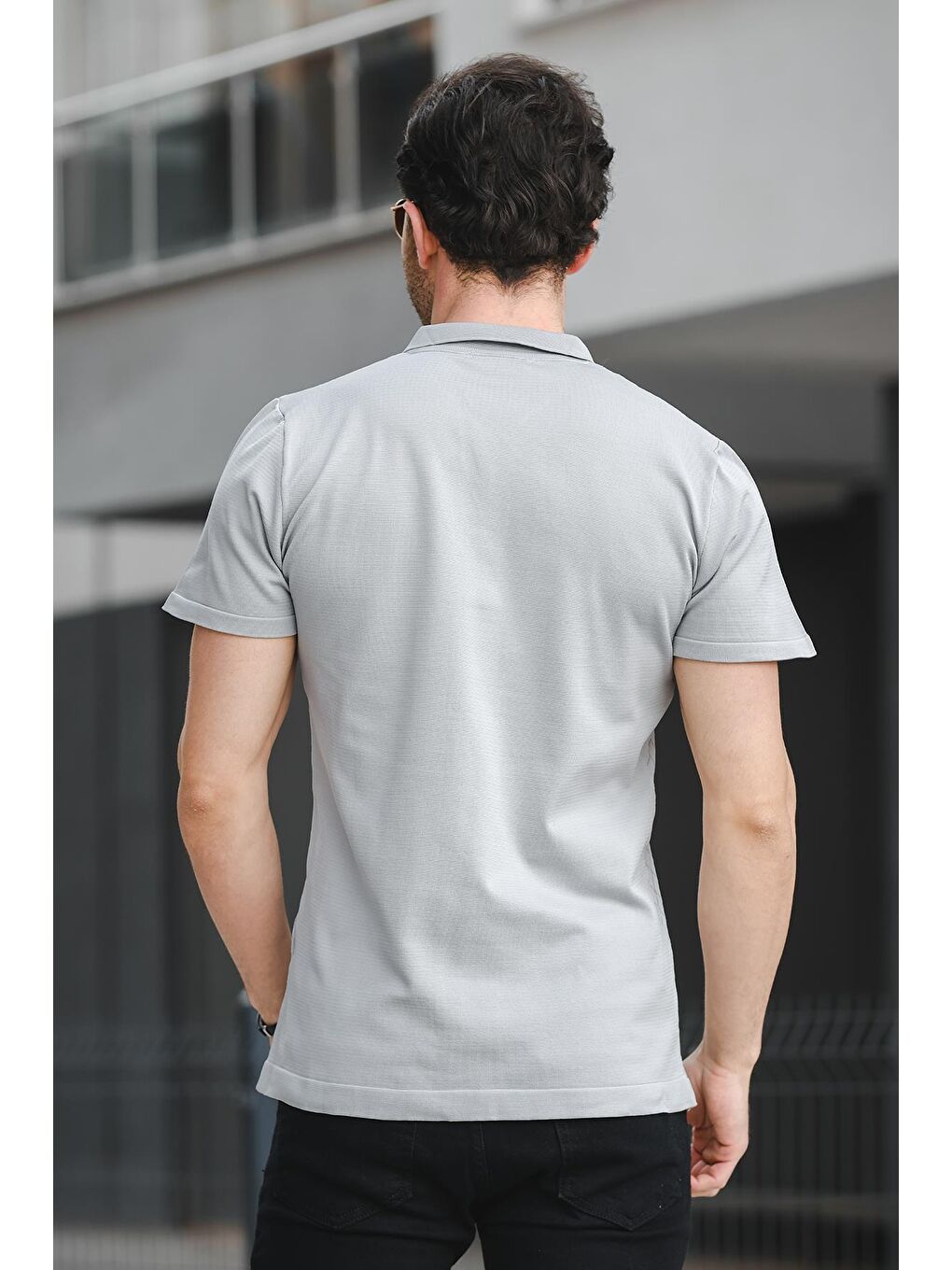 Gri Ht 340015 Polo Yaka Desenli Slim Fit Kısa Kol Triko Erkek Gömlek-3