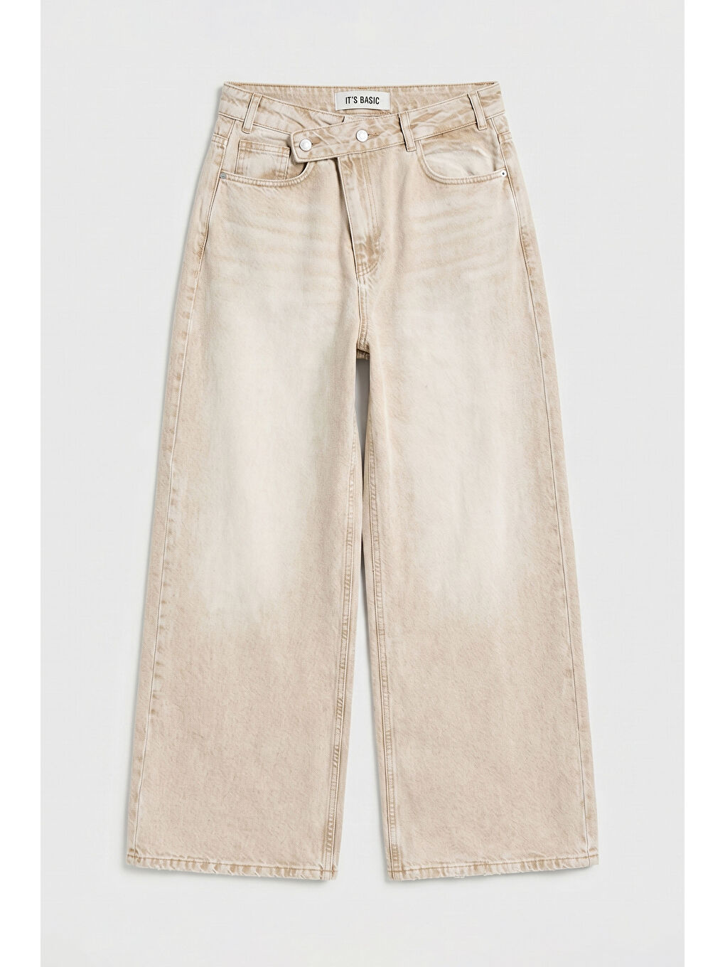 Bej Kadın Taş Renk 4s6-76 Mega Baggy Fit Kemer Detaylı Bol Kesim Denim Jean-5