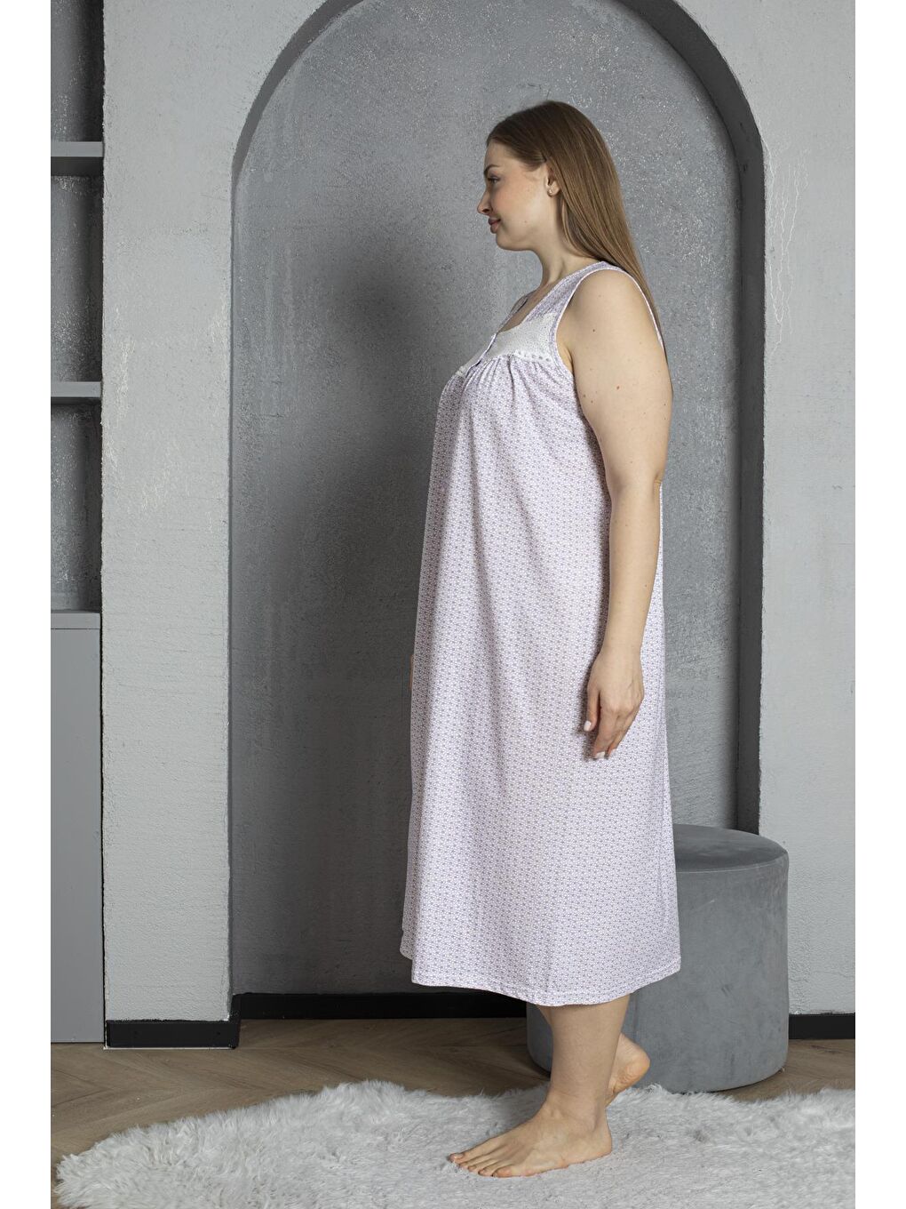 Lila Düğmeli Yaka Sıfır Kol %100 Pamuklu Penye Büyük Beden Anne Geceliği 526-3