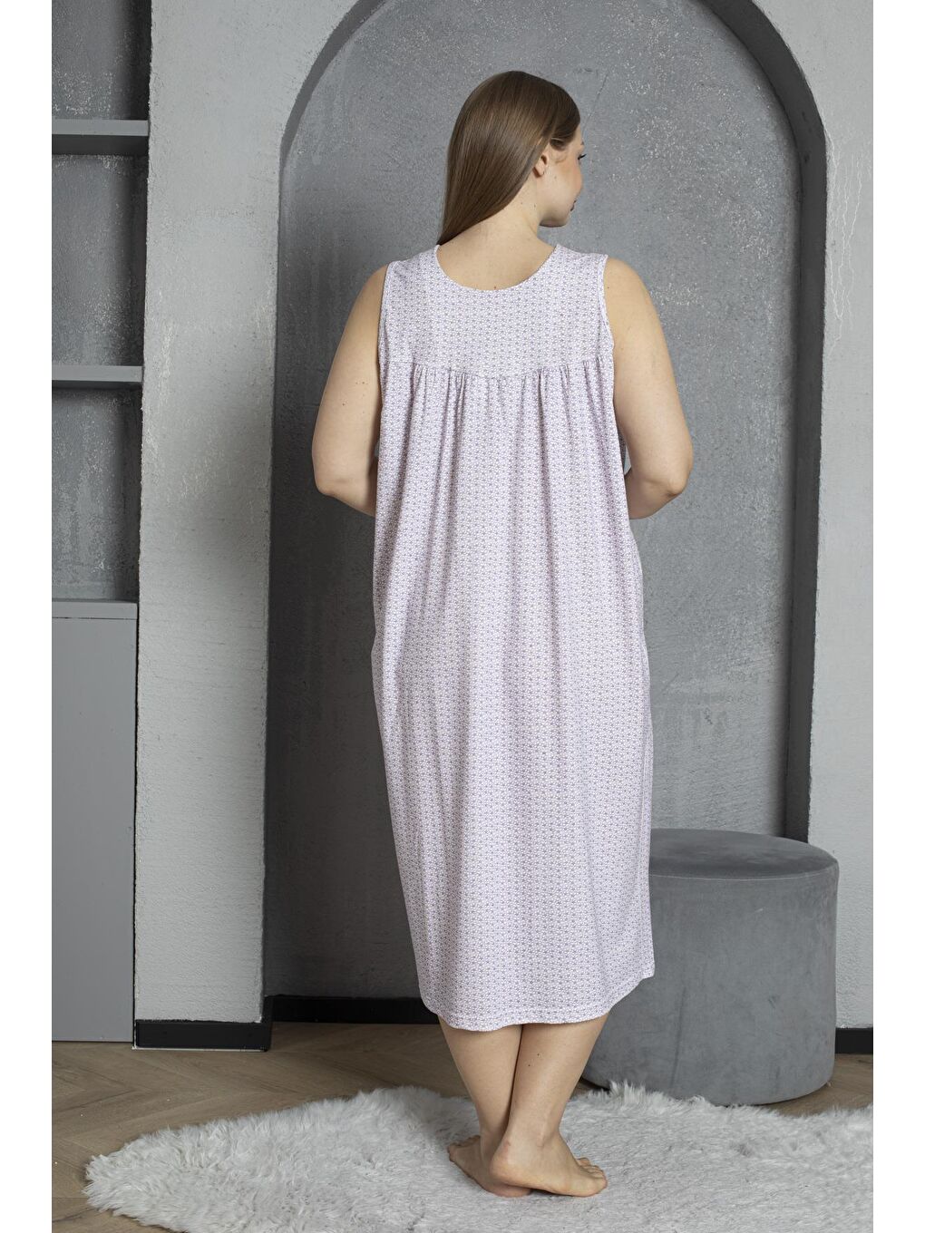 Lila Düğmeli Yaka Sıfır Kol %100 Pamuklu Penye Büyük Beden Anne Geceliği 526-4