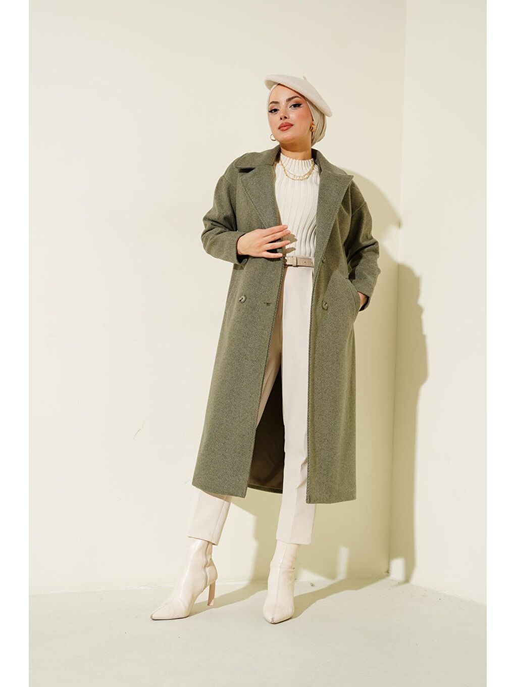 Haki Oversize Geniş Kesim Yünlü Uzun Kaşe Kaban 9113-1