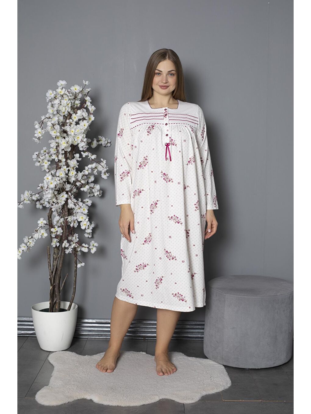 Mürdüm %100 Pamuklu Mevsimlik Penye Uzun Kollu Büyük Beden Anne Geceliği 538-1