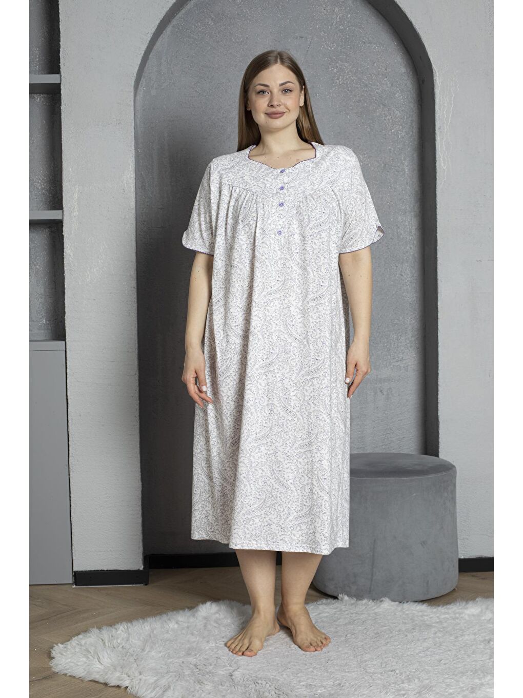 Lila Düğmeli Yaka Kısa Kol %100 Pamuklu Penye Büyük Beden Anne Geceliği 832-1