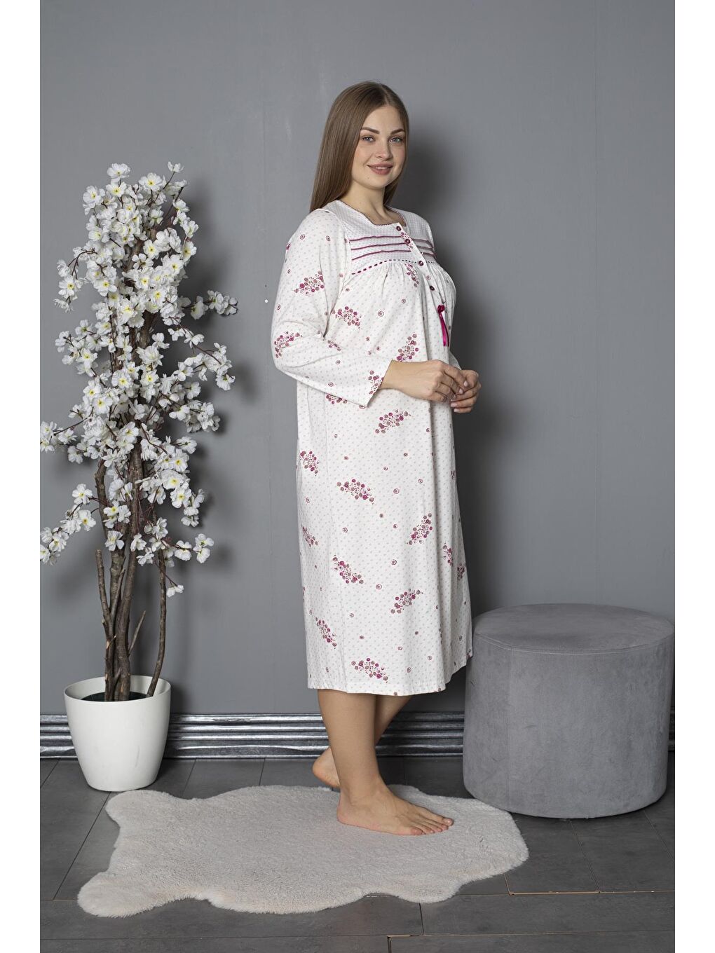 Mürdüm %100 Pamuklu Mevsimlik Penye Uzun Kollu Büyük Beden Anne Geceliği 538-2