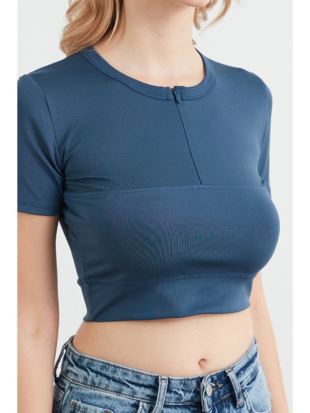 Antrasit Basic Yarım Fermuarlı Dalgıç Kumaş Crop Tişört-4