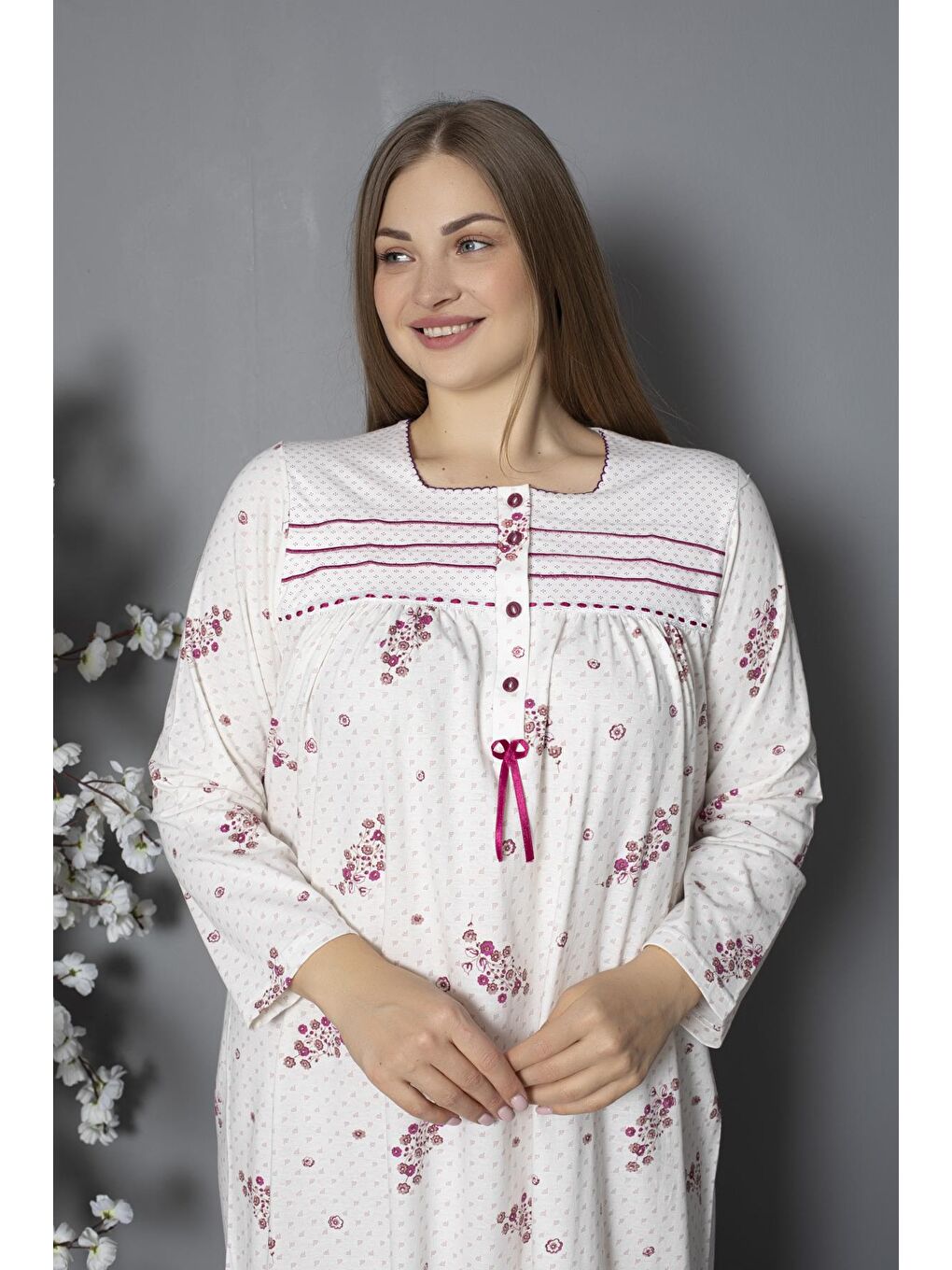 Mürdüm %100 Pamuklu Mevsimlik Penye Uzun Kollu Büyük Beden Anne Geceliği 538-3