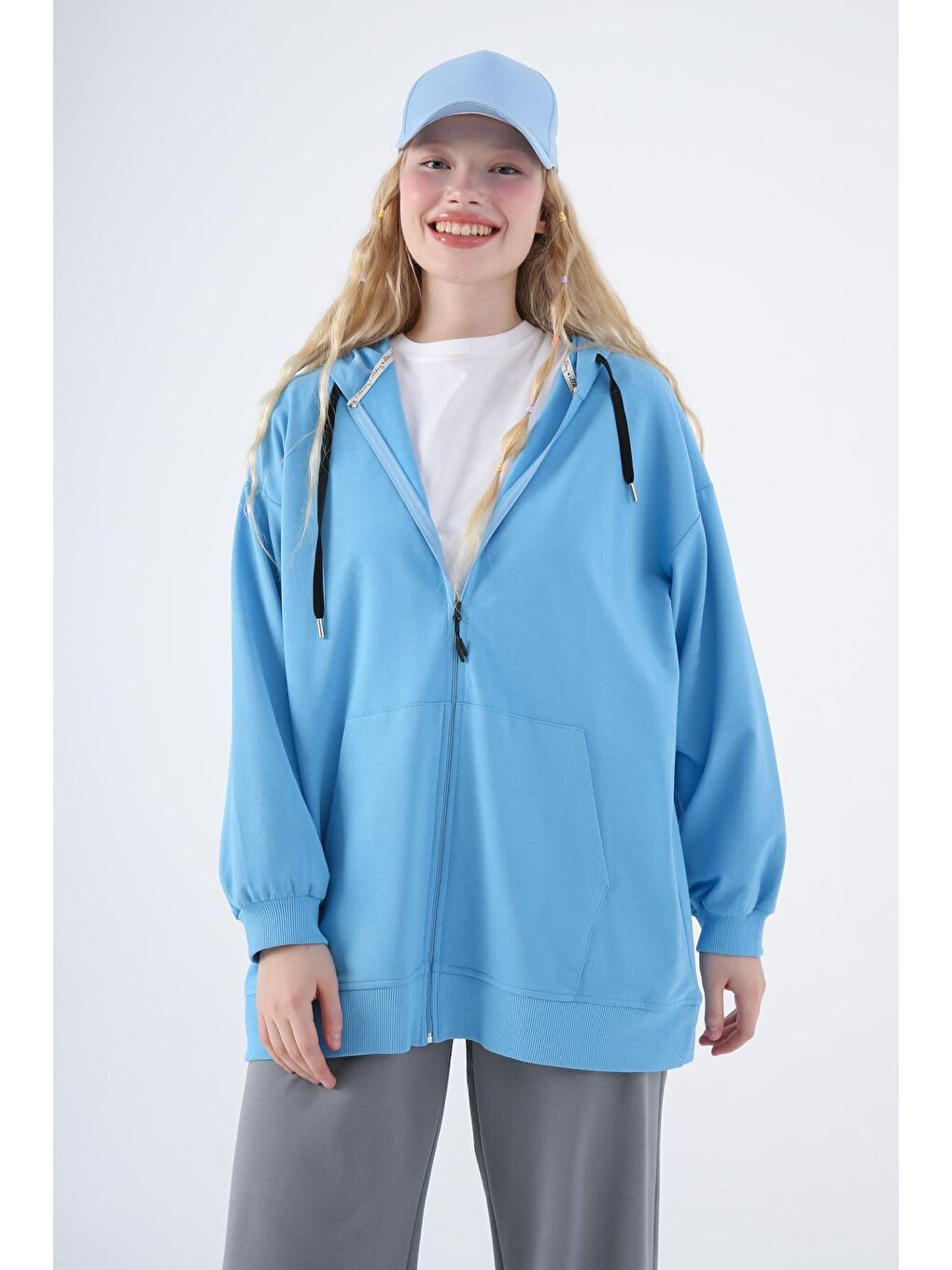 Mavi Pamuklu Oversize Kapüşonlu Sweat Hırka-4