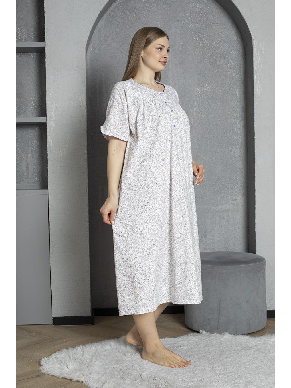 Lila Düğmeli Yaka Kısa Kol %100 Pamuklu Penye Büyük Beden Anne Geceliği 832-2