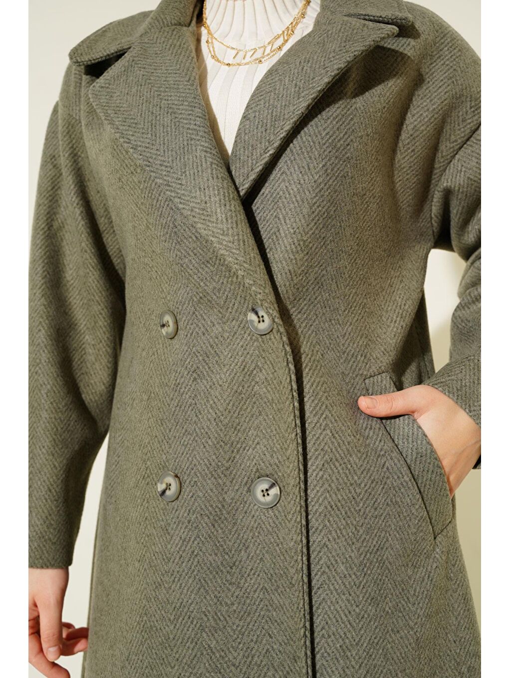 Haki Oversize Geniş Kesim Yünlü Uzun Kaşe Kaban 9113-2