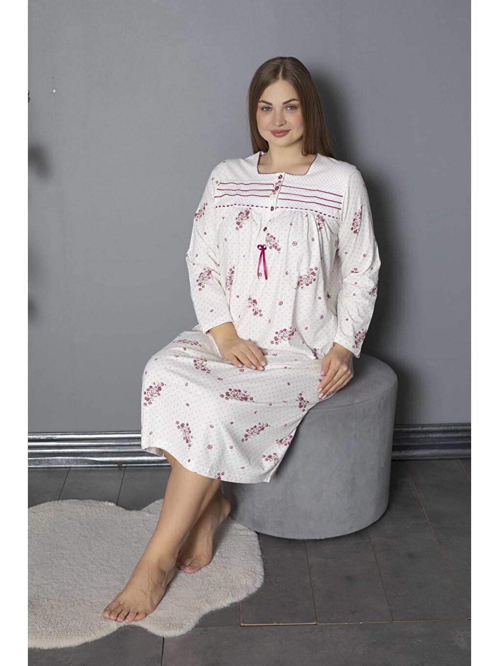 Mürdüm %100 Pamuklu Mevsimlik Penye Uzun Kollu Büyük Beden Anne Geceliği 538-4