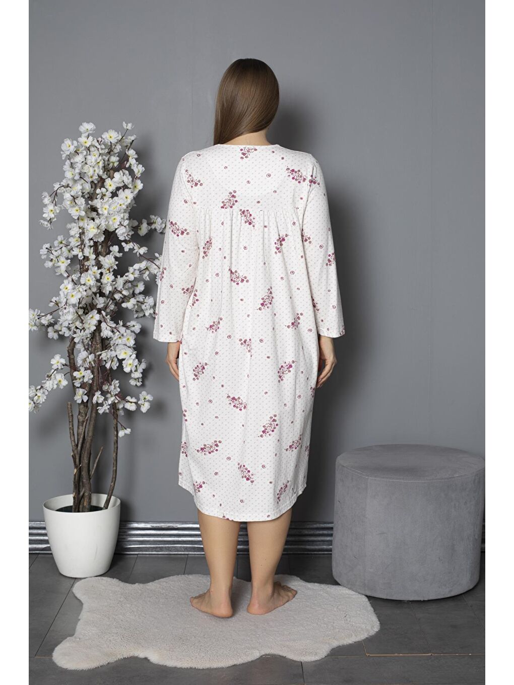 Mürdüm %100 Pamuklu Mevsimlik Penye Uzun Kollu Büyük Beden Anne Geceliği 538-5
