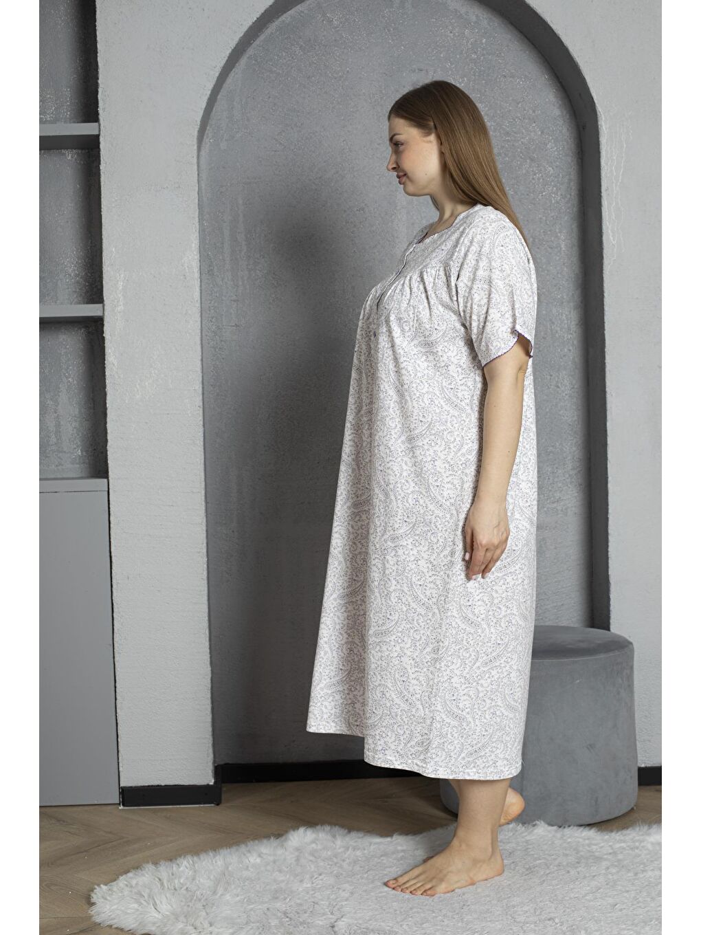 Lila Düğmeli Yaka Kısa Kol %100 Pamuklu Penye Büyük Beden Anne Geceliği 832-3