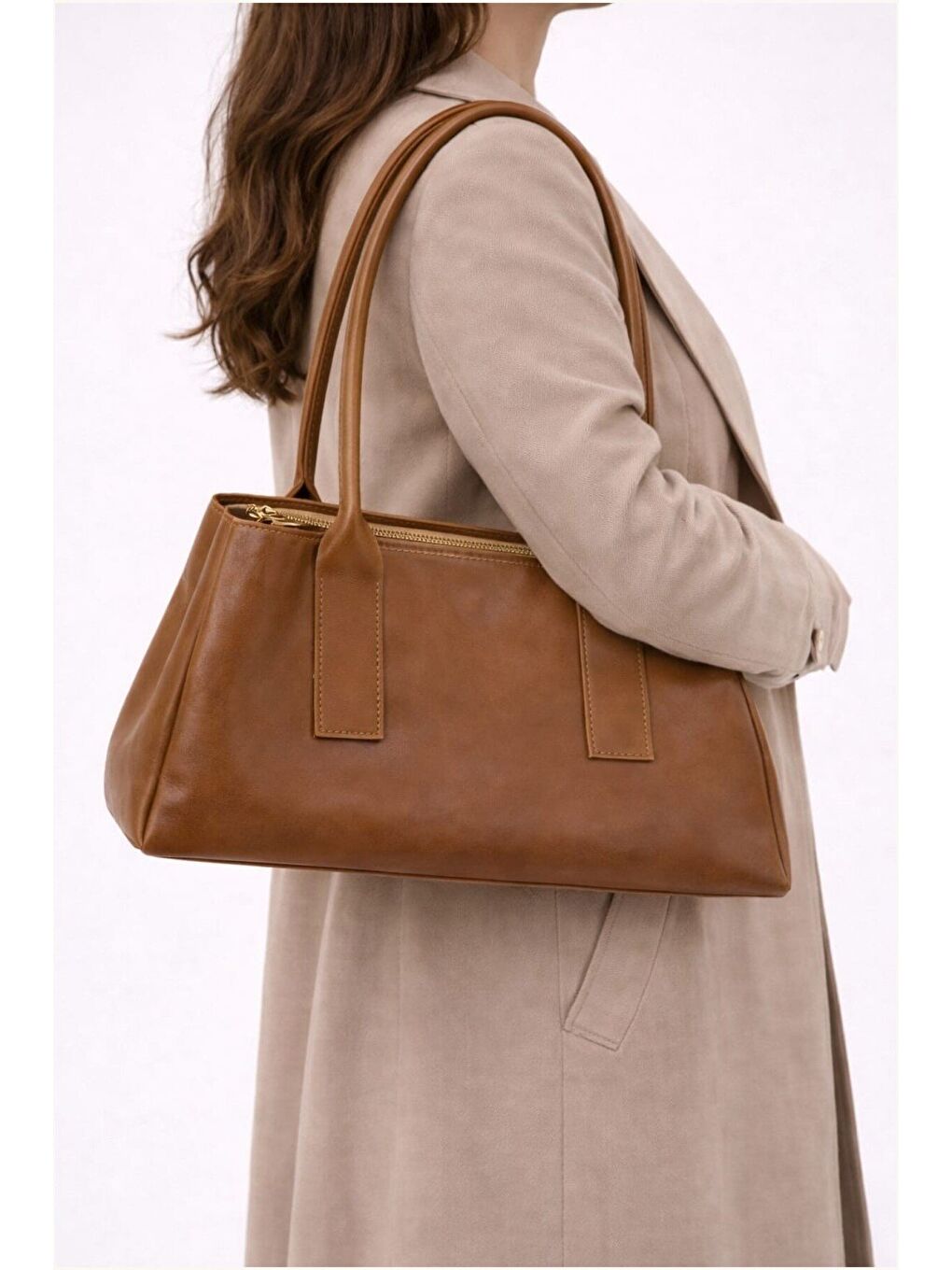 Kahverengi Kadın Minimalist Baget Omuz Çantası - Modern Tasarım El ve Kol Çantası 12658-1