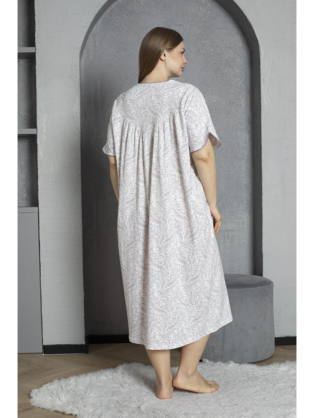 Lila Düğmeli Yaka Kısa Kol %100 Pamuklu Penye Büyük Beden Anne Geceliği 832-4