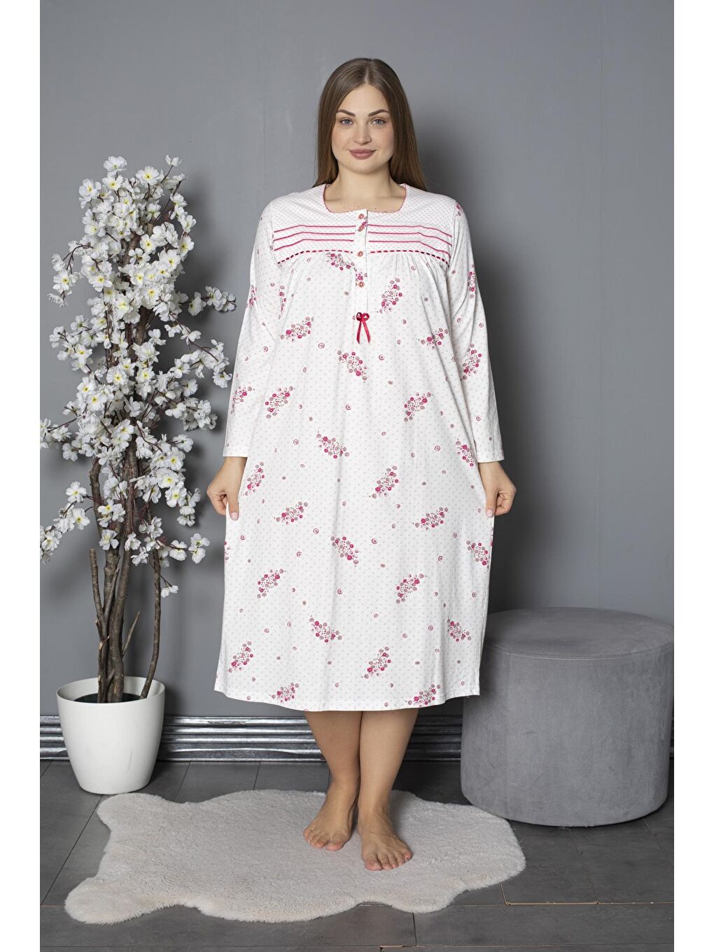 Fuşya %100 Pamuklu Mevsimlik Penye Uzun Kollu Büyük Beden Anne Geceliği 538