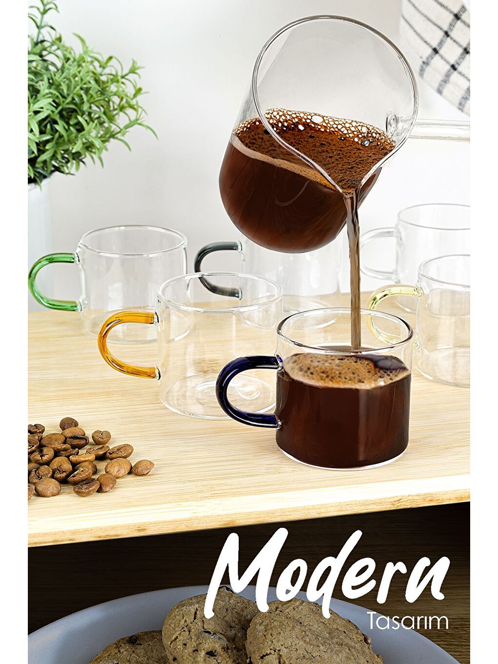 Karışık 6'lı Renkli Kulplu Kahve Fincan Takımı Borosilikat Cam Espresso Kahve Bardağı 100 ml-1