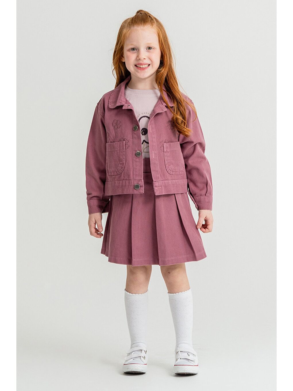 Mor Papatya Nakışlı Ceketli Kız Çocuk Jean Ceketli 3lü Takım 23432