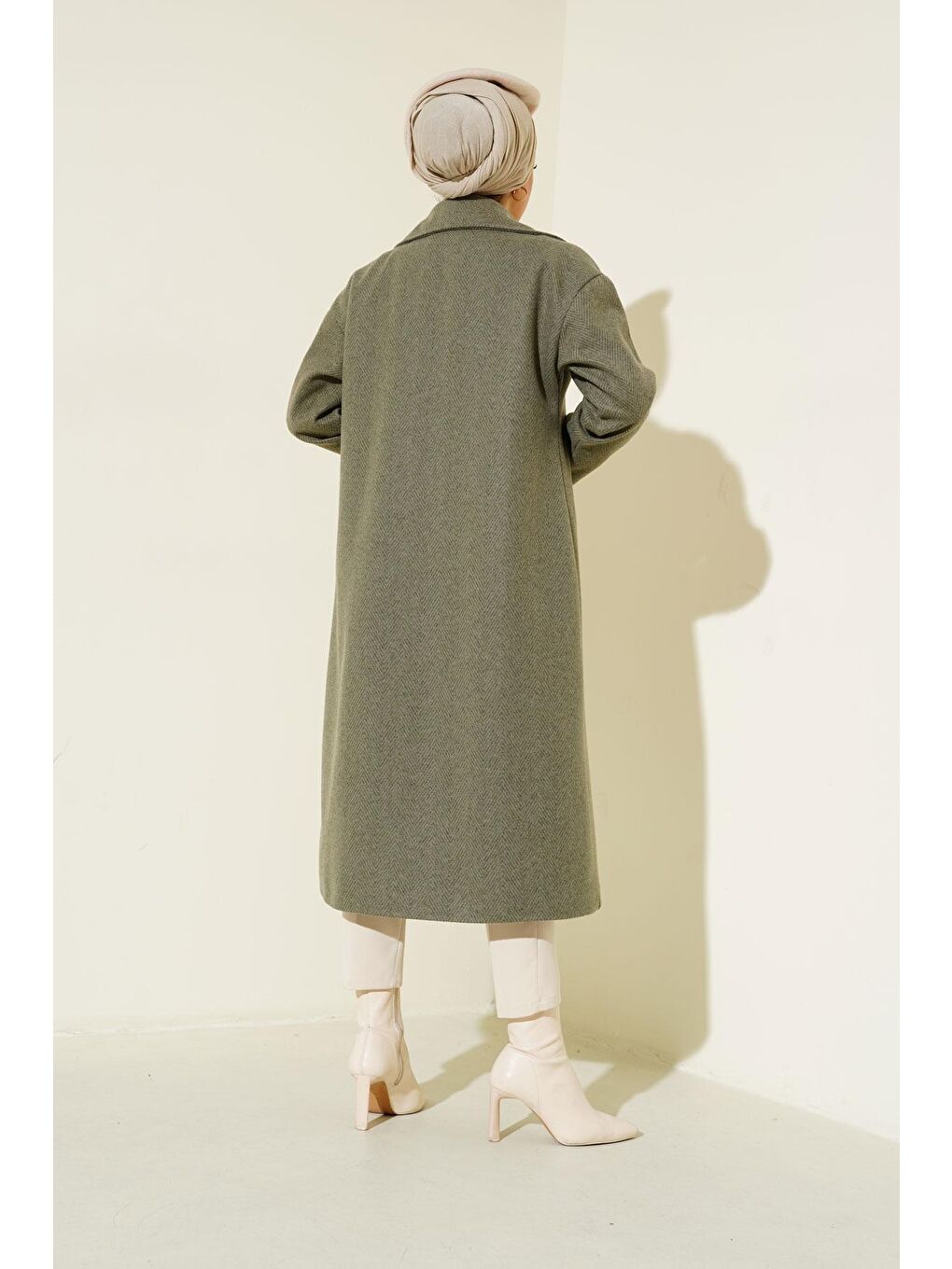 Haki Oversize Geniş Kesim Yünlü Uzun Kaşe Kaban 9113-3