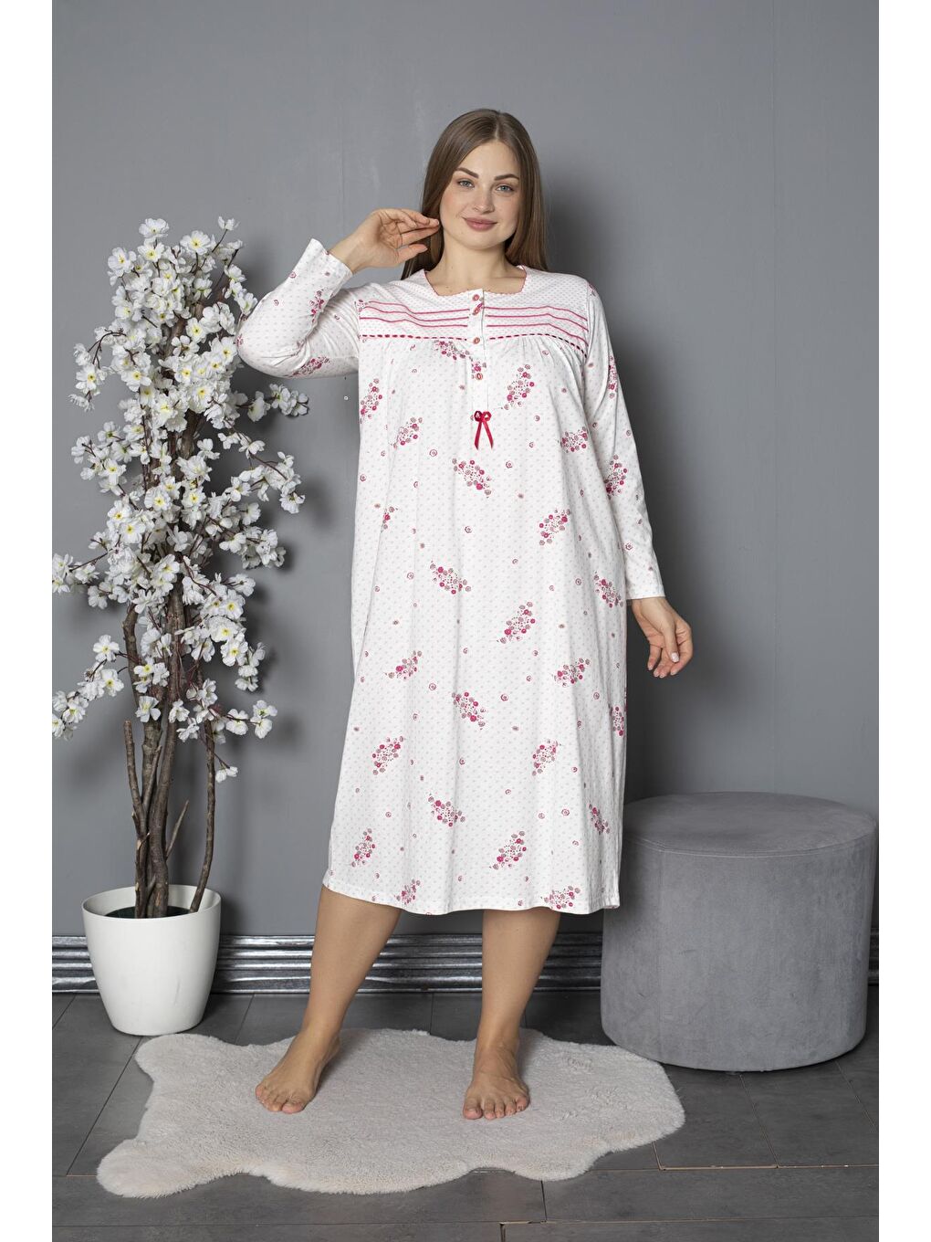 Fuşya %100 Pamuklu Mevsimlik Penye Uzun Kollu Büyük Beden Anne Geceliği 538-1