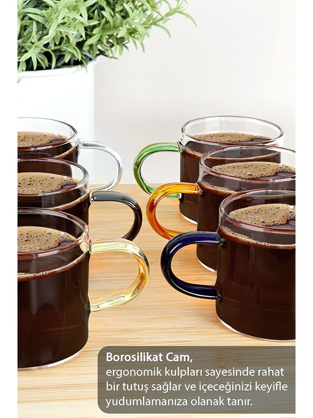 Karışık 6'lı Renkli Kulplu Kahve Fincan Takımı Borosilikat Cam Espresso Kahve Bardağı 100 ml-4