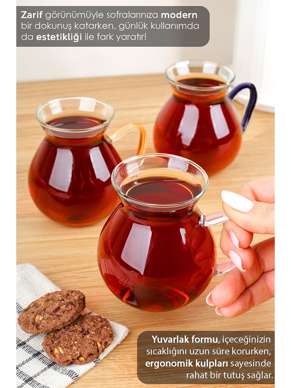 Karışık 6'lı Renkli Kulplu Borosilikat Cam Çay Bardağı Seti Kulplu Tombul Cam Bardak 200 ml-2