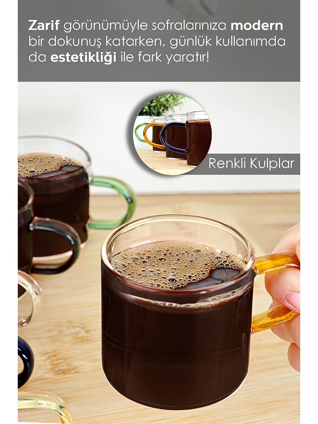 Karışık 6'lı Renkli Kulplu Kahve Fincan Takımı Borosilikat Cam Espresso Kahve Bardağı 100 ml-5