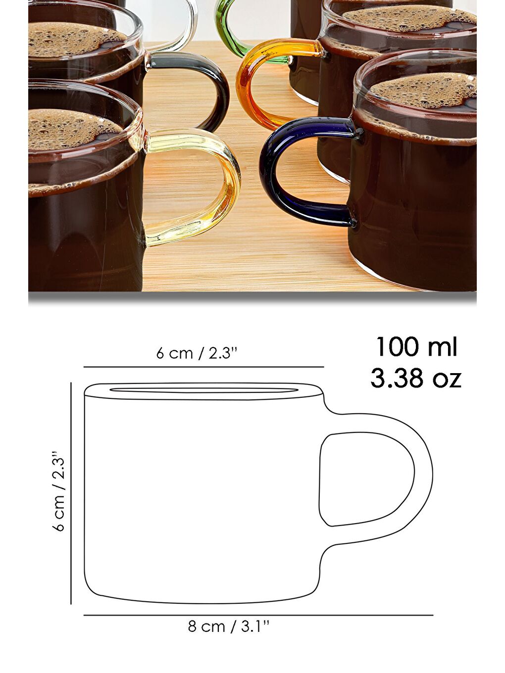 Karışık 6'lı Renkli Kulplu Kahve Fincan Takımı Borosilikat Cam Espresso Kahve Bardağı 100 ml-6