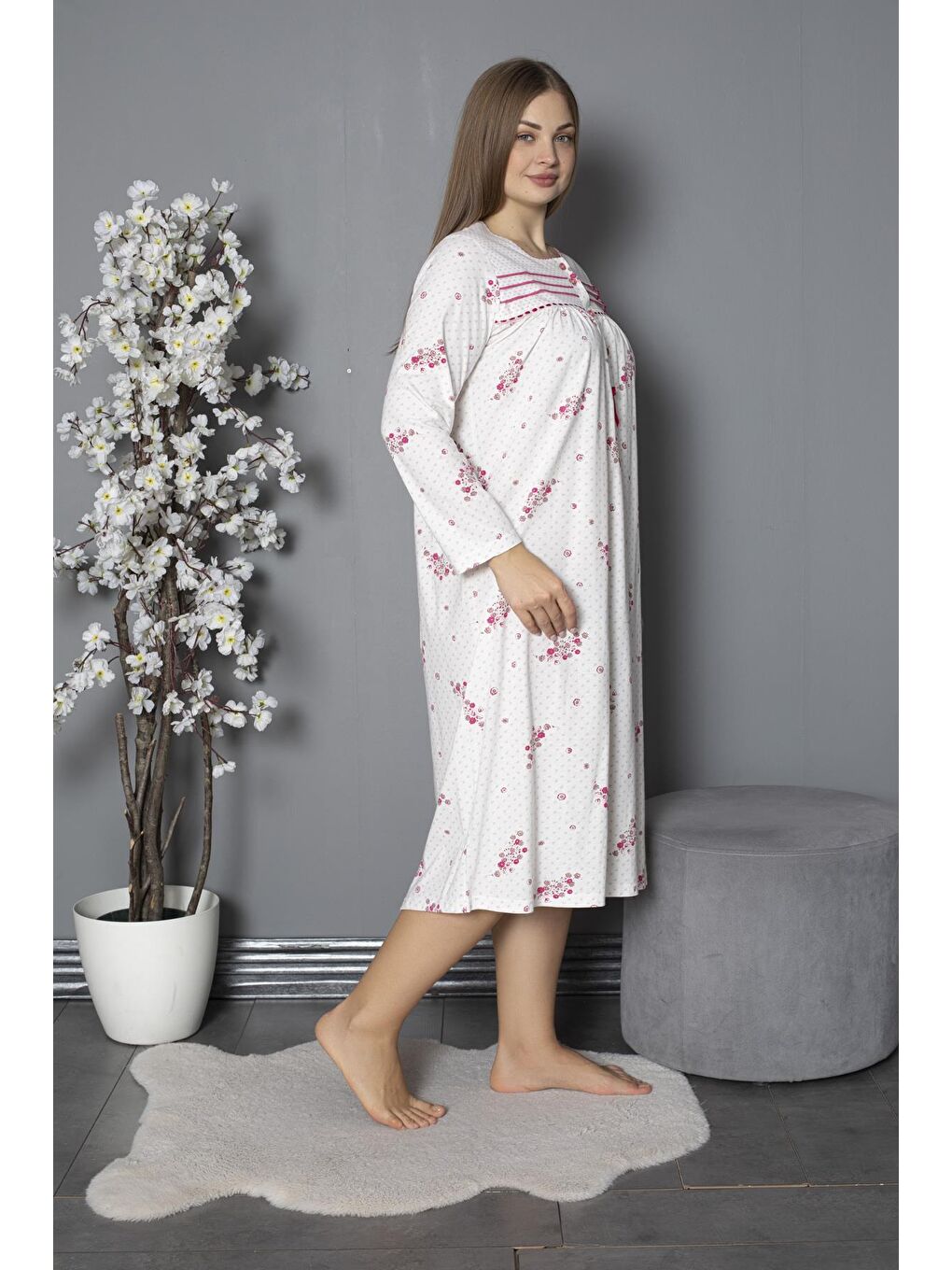 Fuşya %100 Pamuklu Mevsimlik Penye Uzun Kollu Büyük Beden Anne Geceliği 538-2