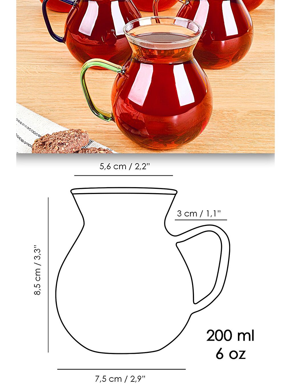 Karışık 6'lı Renkli Kulplu Borosilikat Cam Çay Bardağı Seti Kulplu Tombul Cam Bardak 200 ml-5