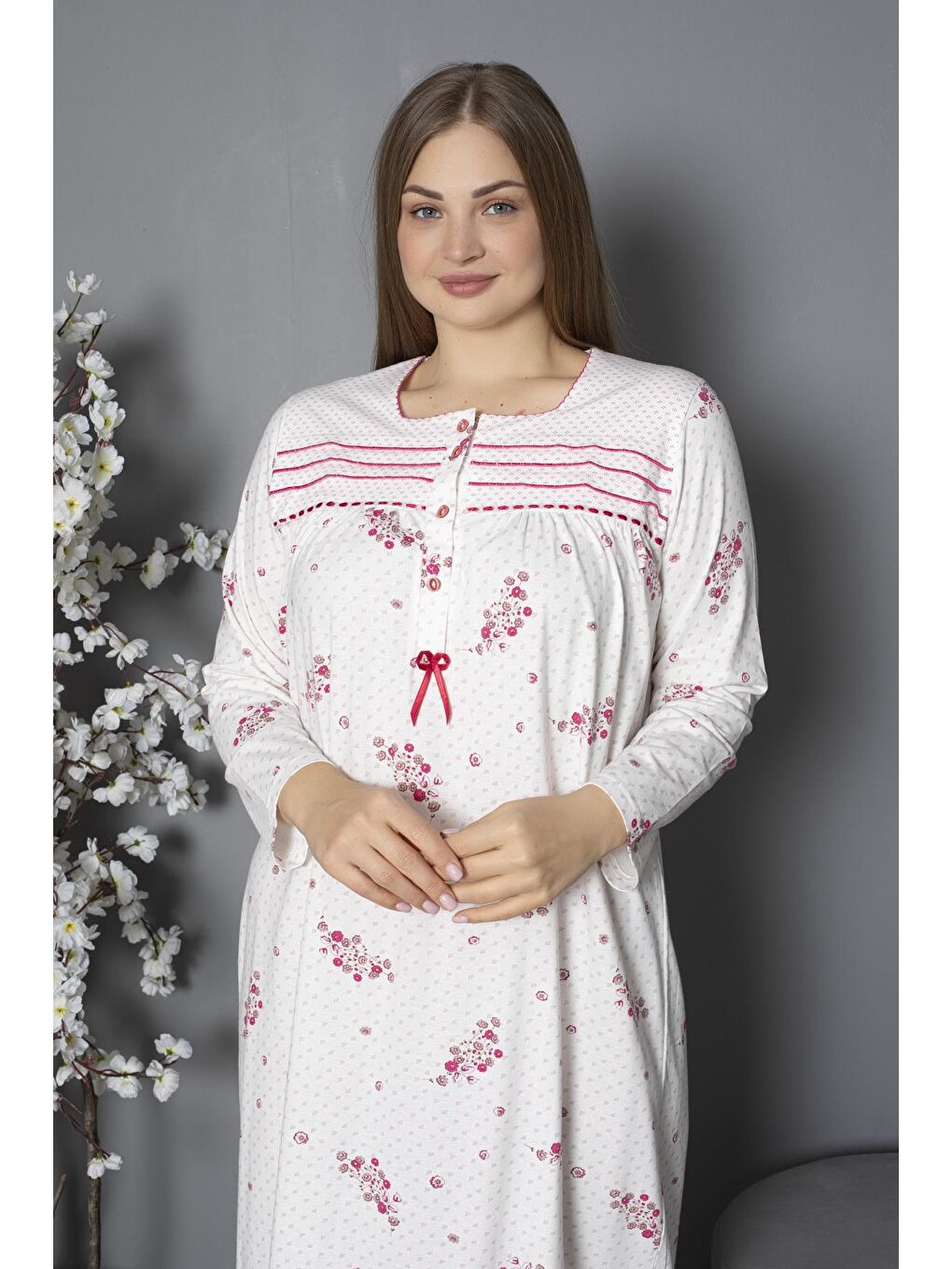 Fuşya %100 Pamuklu Mevsimlik Penye Uzun Kollu Büyük Beden Anne Geceliği 538-3