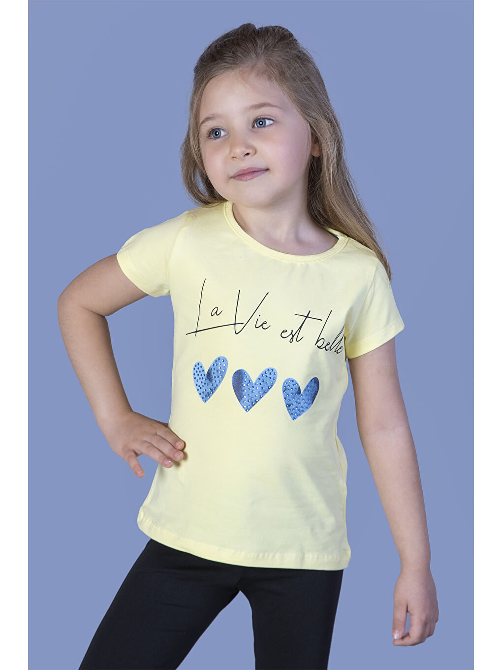 Sarı Kız Çocuk Kalp Desenli Yazı Baskılı Taş İşlemeli Tişört